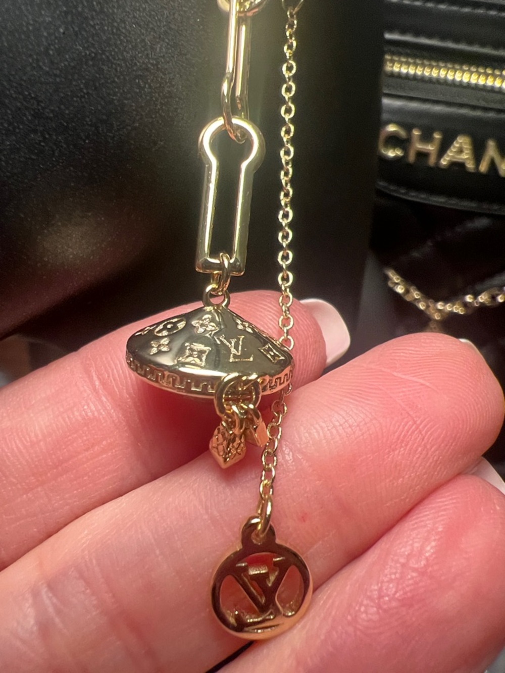 Gold Tone Engraved Dome Charm Necklace with Logo Disc - Picture 5 of 11